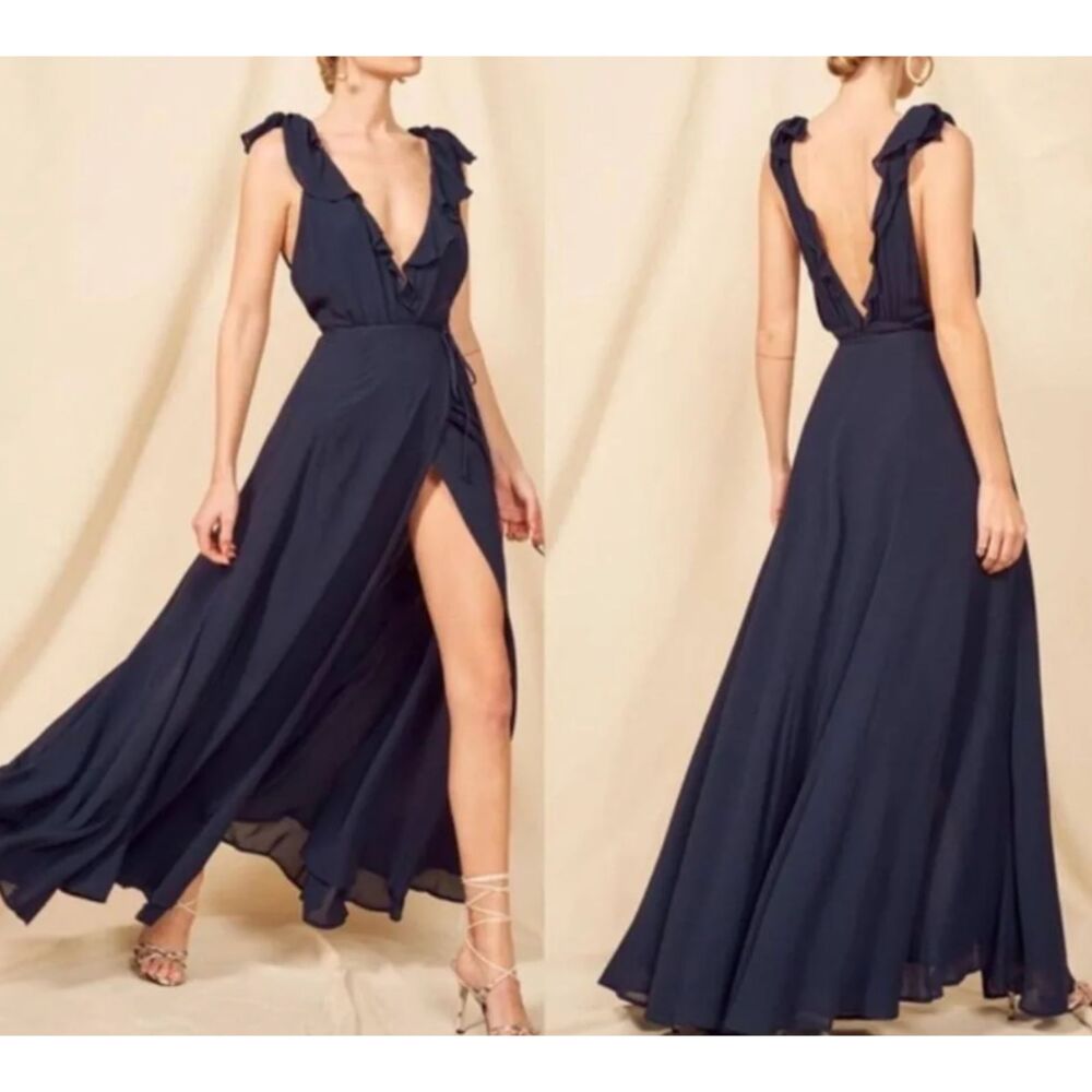 Reformation Peppermint Deep V Wrap Maxi Dress Navy Blue Size M